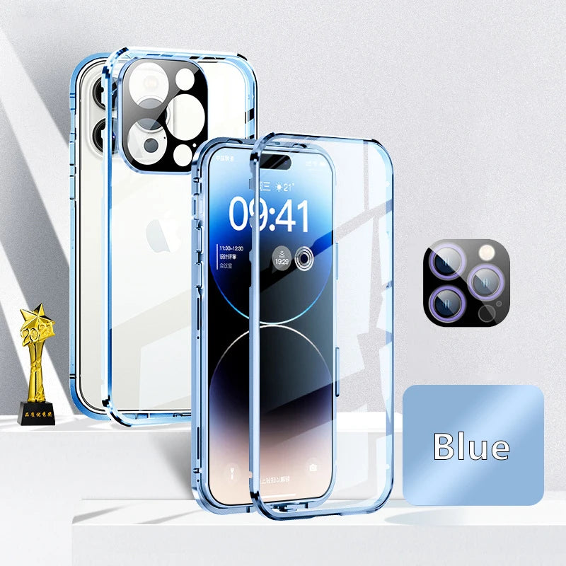 360° Double Sided Glass Magnetic Adsorption Metal Snap Lock Case For iPhone