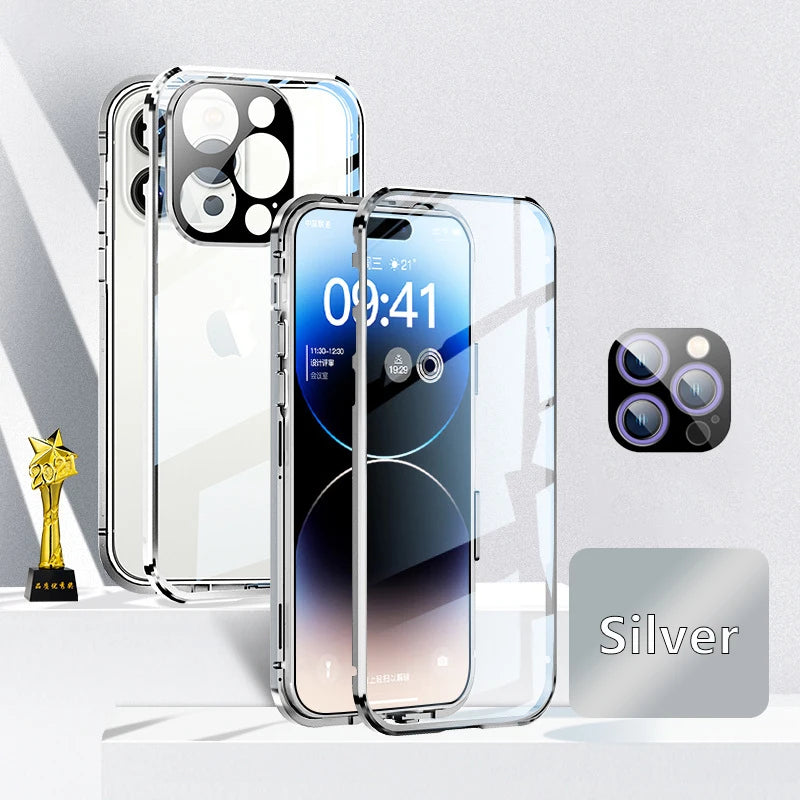 360° Double Sided Glass Magnetic Adsorption Metal Snap Lock Case For iPhone