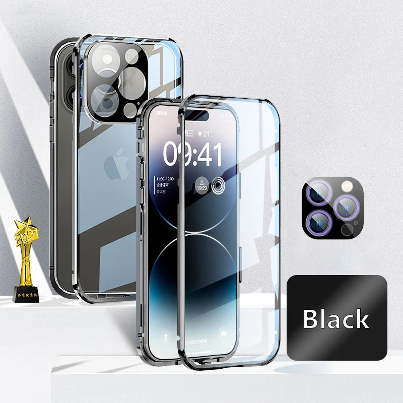 360° Double Sided Glass Magnetic Adsorption Metal Snap Lock Case For iPhone