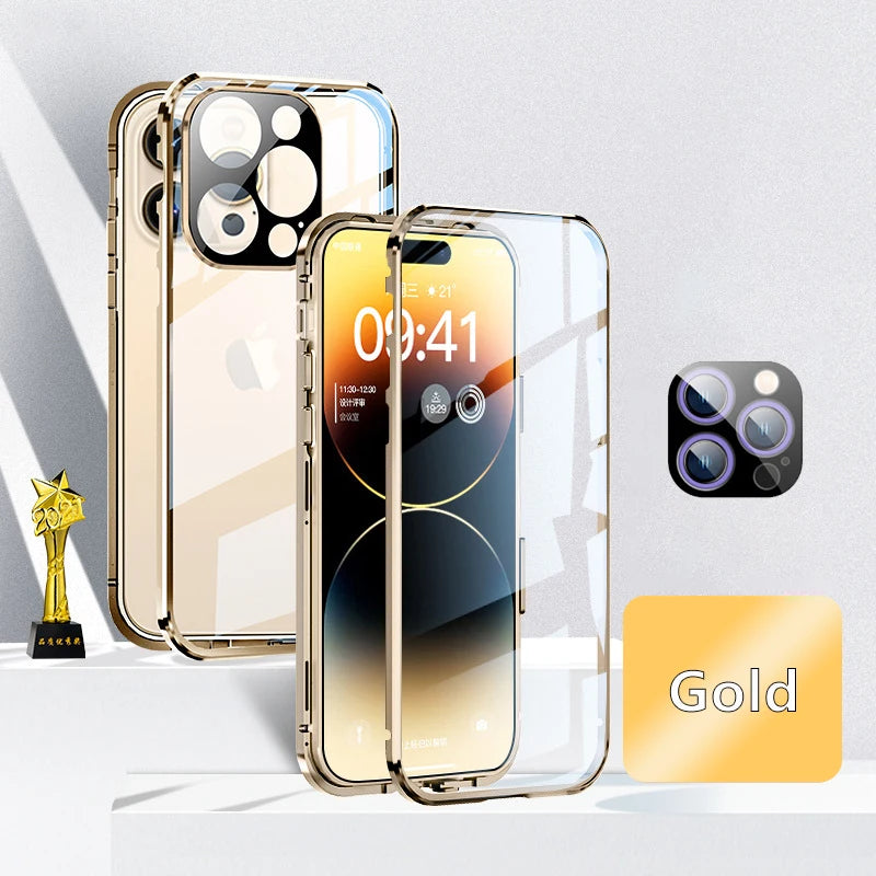 360° Double Sided Glass Magnetic Adsorption Metal Snap Lock Case For iPhone