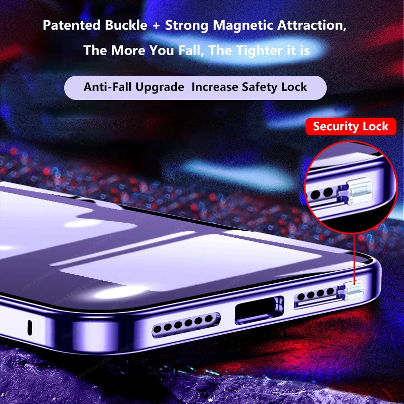 360° Double Sided Glass Magnetic Adsorption Metal Snap Lock Case For iPhone