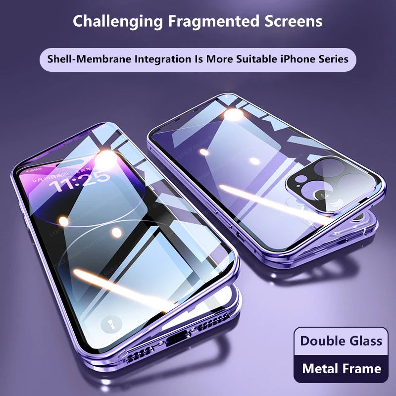 360° Double Sided Glass Magnetic Adsorption Metal Snap Lock Case For iPhone