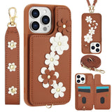 3IN1 Crossbody Rope Wrist Strap Flowers Leather Wallet Case For iPhone