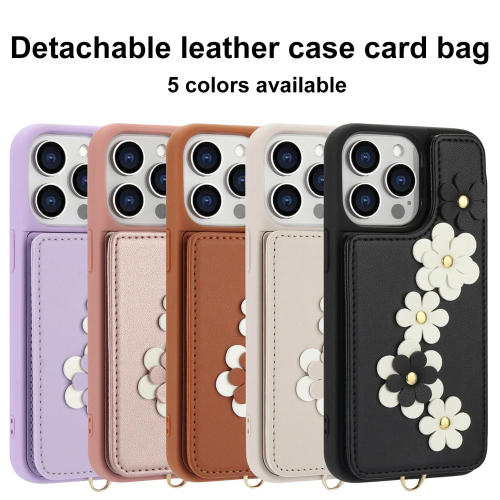 3IN1 Crossbody Rope Wrist Strap Flowers Leather Wallet Case For iPhone