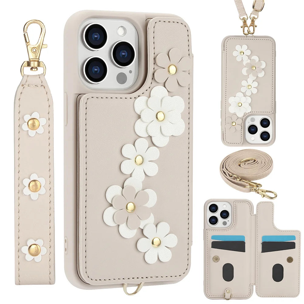 3IN1 Crossbody Rope Wrist Strap Flowers Leather Wallet Case For iPhone