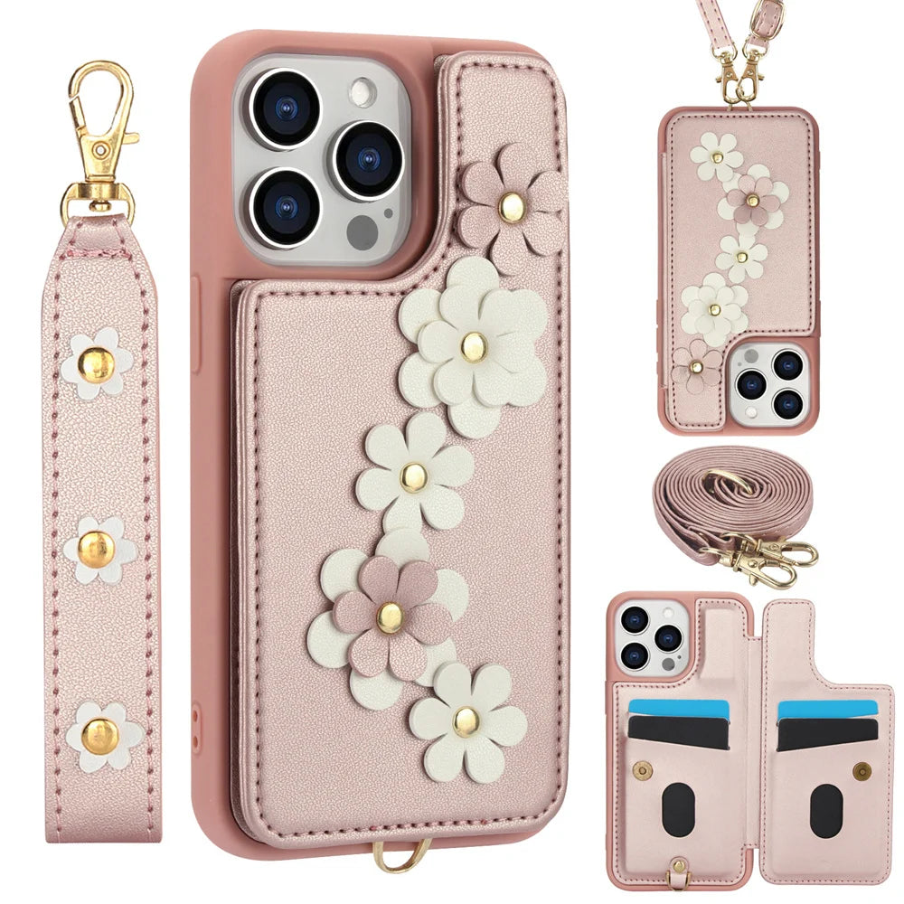 3IN1 Crossbody Rope Wrist Strap Flowers Leather Wallet Case For iPhone