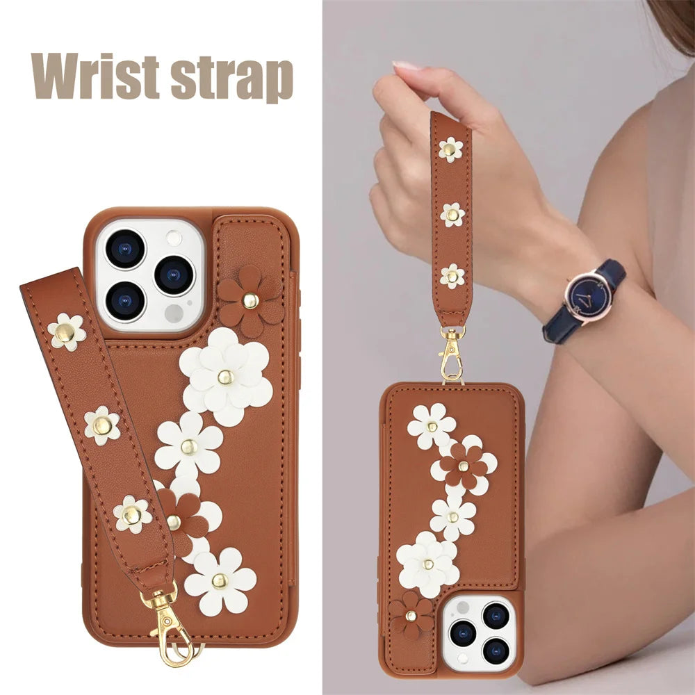 3IN1 Crossbody Rope Wrist Strap Flowers Leather Wallet Case For iPhone