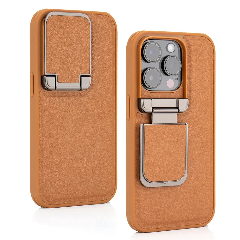 Flip Lens Wear-Resistant Leather Invisible Rotate Holder Case For iPhone