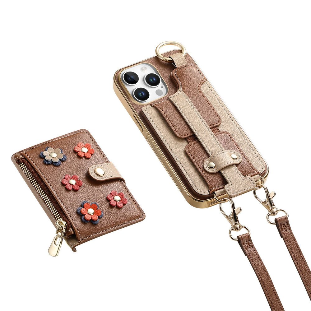 Crossbody Lanyard Ring Wrist Strap Card Holder Leather Case for iPhone