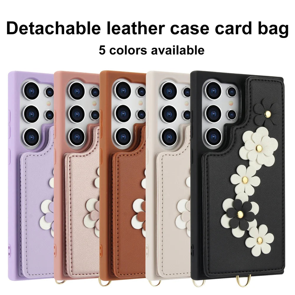 3IN1 Crossbody Rope Wrist Strap Flowers Leather Wallet Case For Samsung