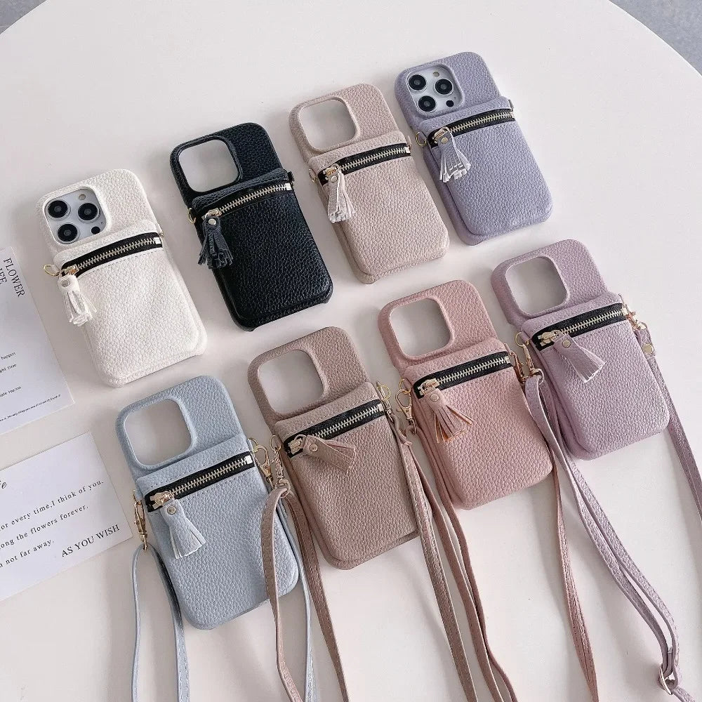 Leather Crossbody Zipper Wallet with Card Holder Case for iPhone