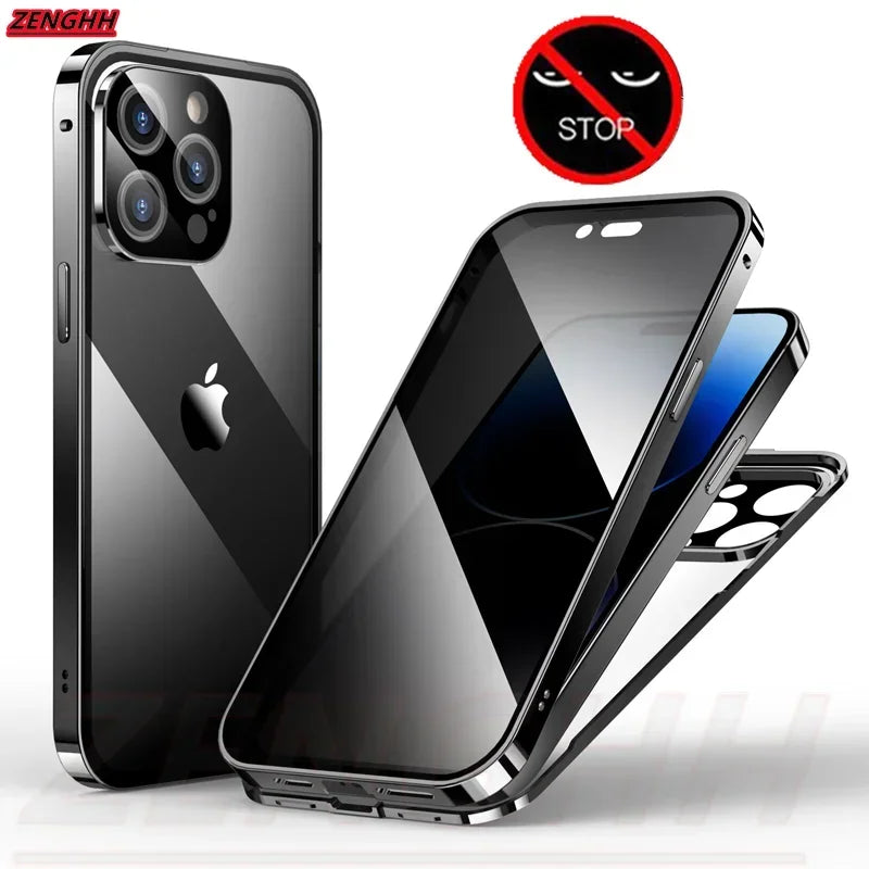 Double Glass Anti-Peep Privacy Magnetic Adsorption Case for iPhone