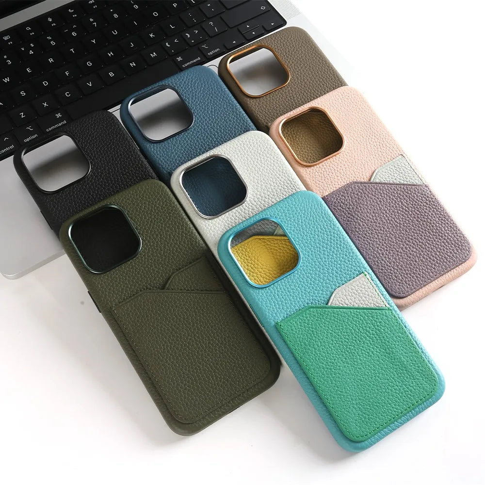 Full Wrapped Genuine Leather Card Holder Slot Case For iPhone