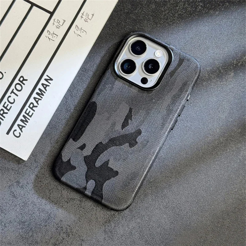 Abstract Camouflage Magnetic Alloy Lens Leather Case for iPhone