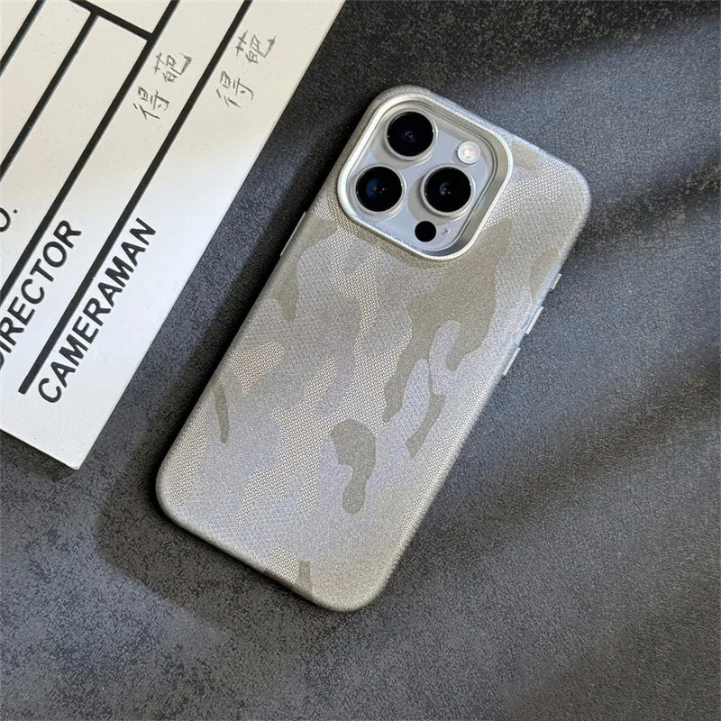 Abstract Camouflage Magnetic Alloy Lens Leather Case for iPhone