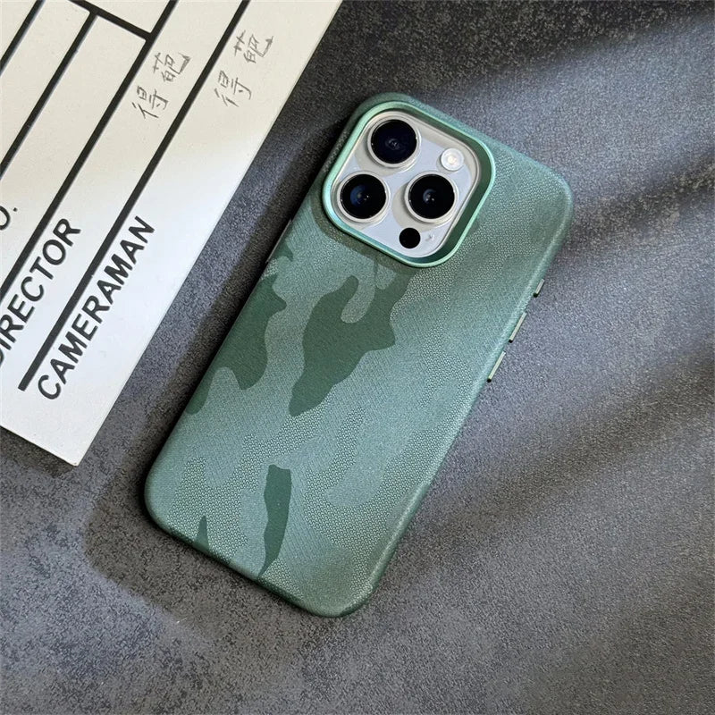 Abstract Camouflage Magnetic Alloy Lens Leather Case for iPhone