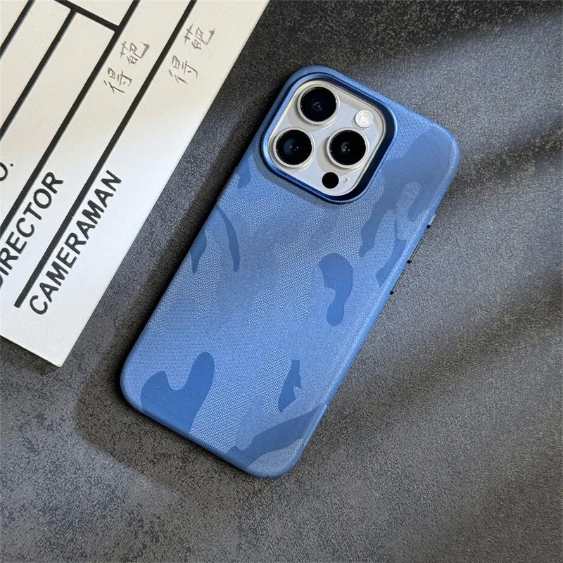 Abstract Camouflage Magnetic Alloy Lens Leather Case for iPhone