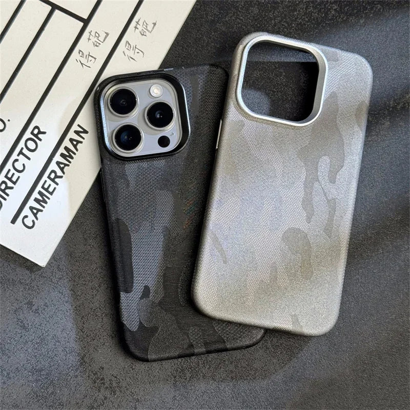 Abstract Camouflage Magnetic Alloy Lens Leather Case for iPhone