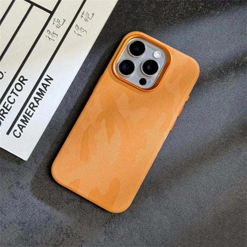 Abstract Camouflage Magnetic Alloy Lens Leather Case for iPhone