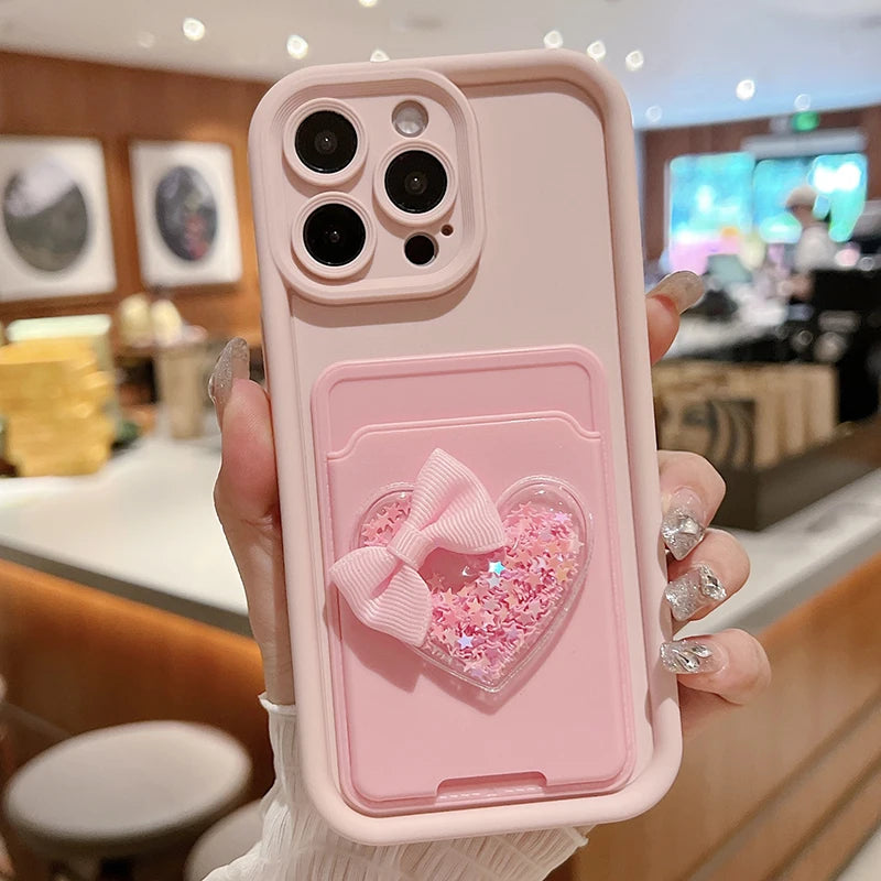 Lovely 3D Love Heart Card Bag Holder Case For iPhone