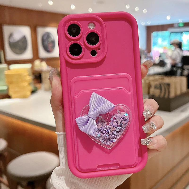 Lovely 3D Love Heart Card Bag Holder Case For iPhone