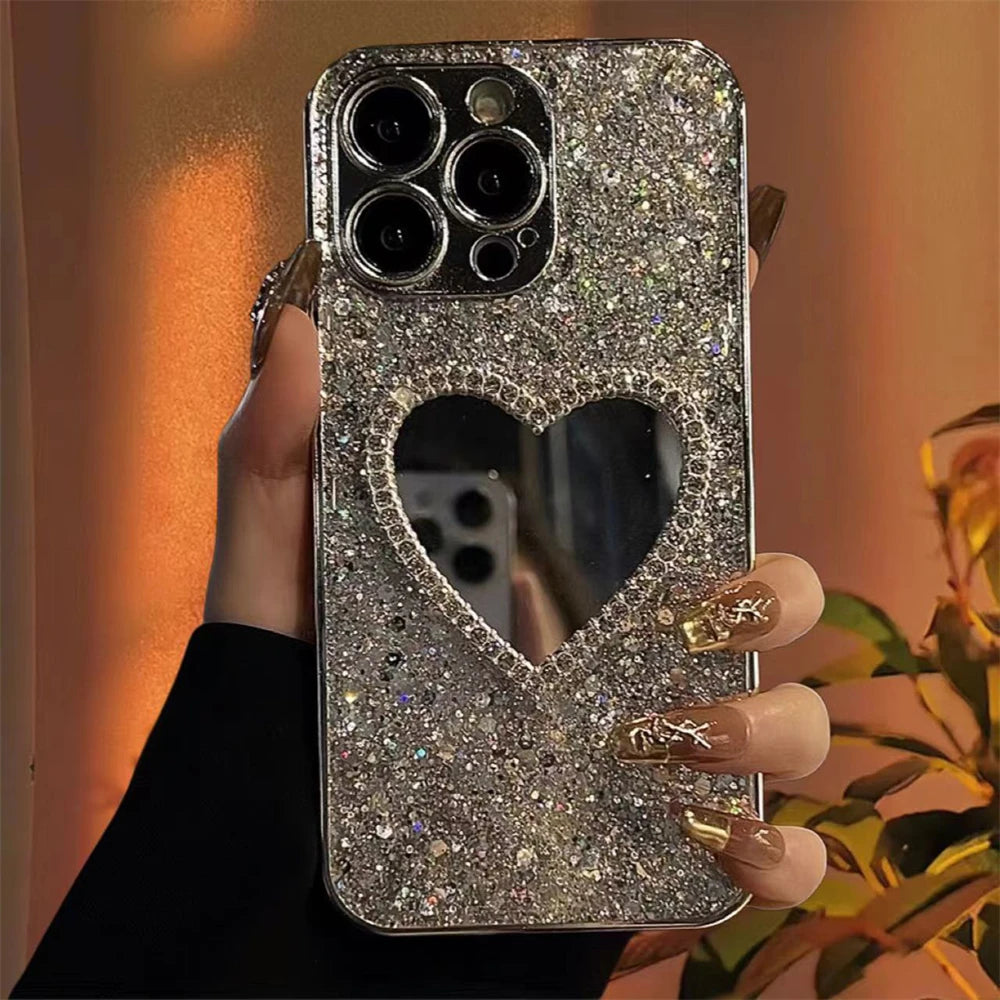 Luxury Bling Glitter Plating 3D Love Heart Mirror Sequins Case For iPhone