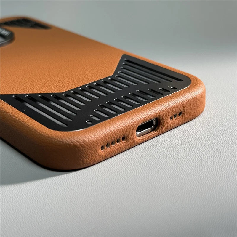 Aluminum hollow Heat Dissipation PU Leather Magnetic Case for iPhone