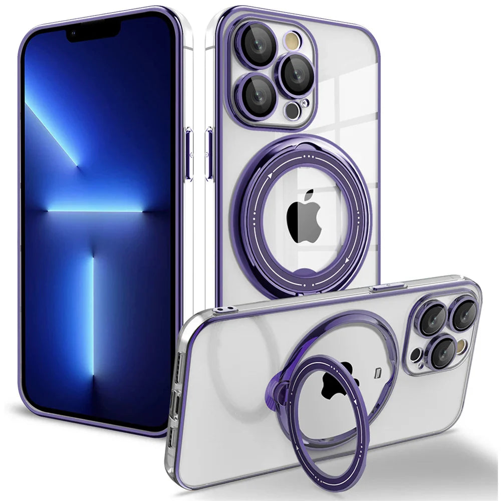 Luxury Plating Clear Rotating Magnetic Stand Phone Case For iPhone