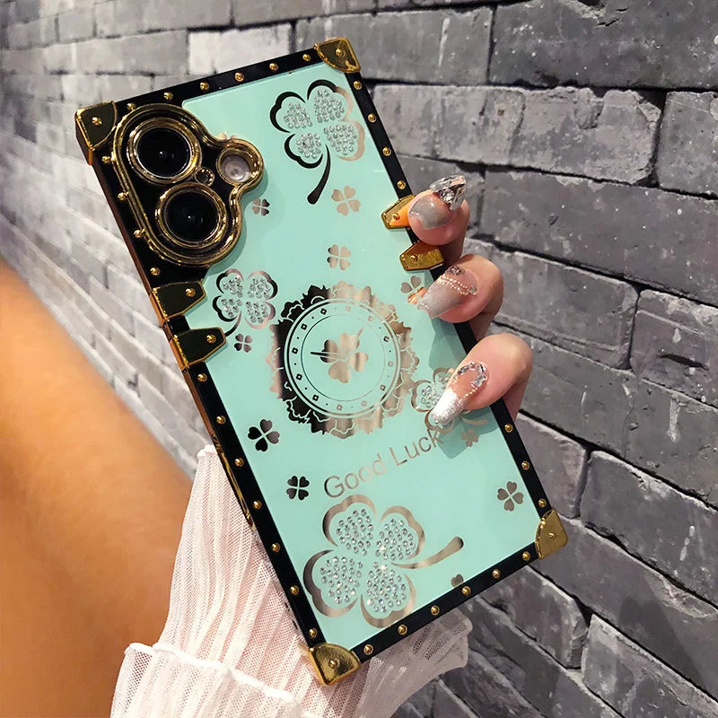 Luxury Silicone Retro Diamond Rhinestones Square Case for iPhone