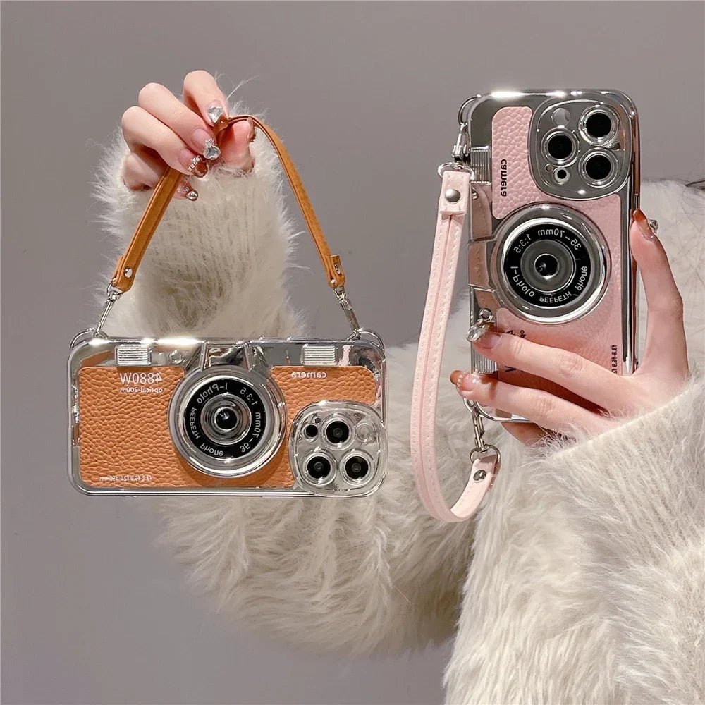 3D Retro Camera Graphic Phone Case PU Leather Strap For iPhone