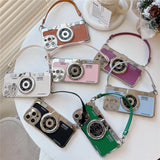 3D Retro Camera Graphic Phone Case PU Leather Strap For iPhone