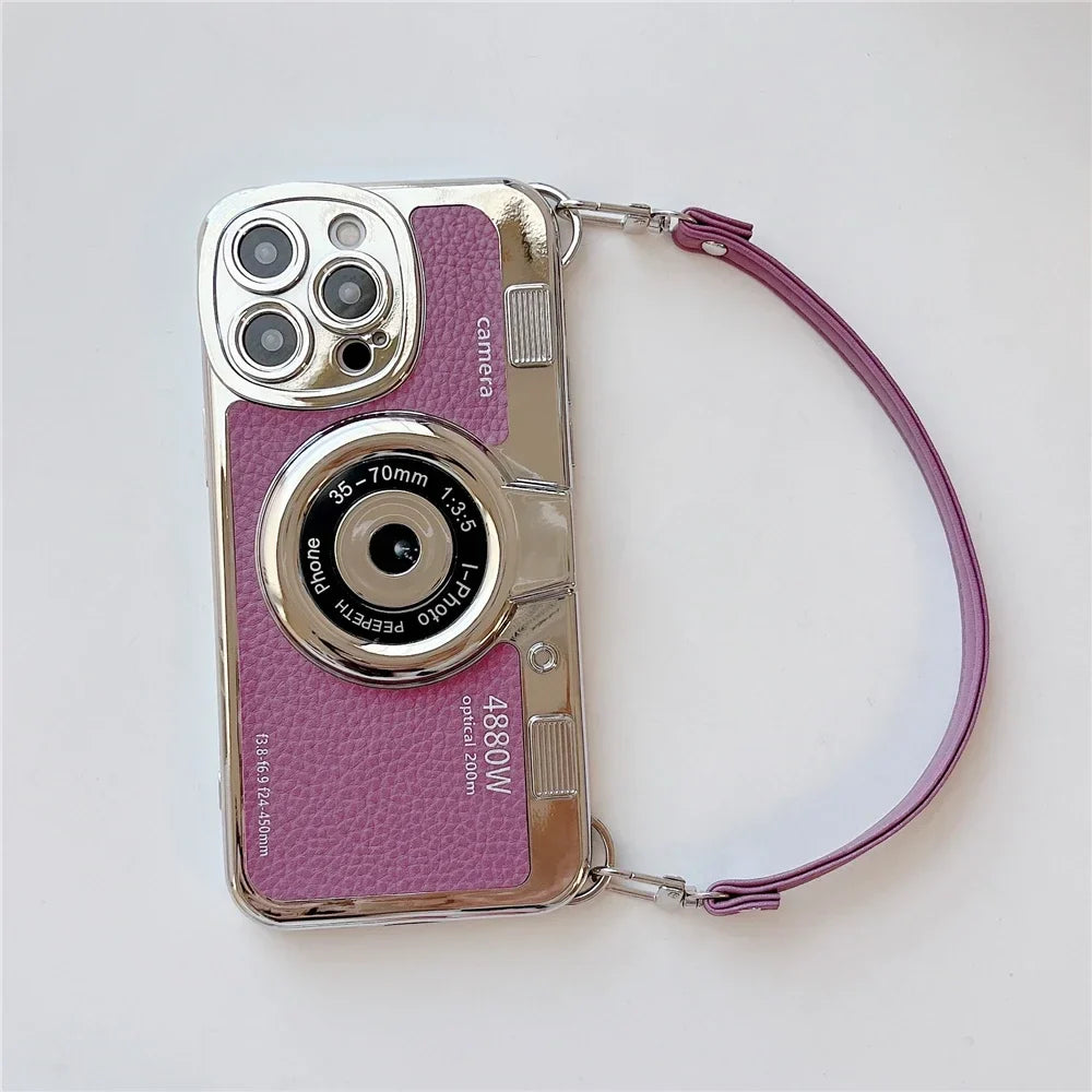 3D Retro Camera Graphic Phone Case PU Leather Strap For iPhone