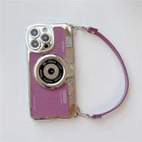 3D Retro Camera Graphic Phone Case PU Leather Strap For iPhone