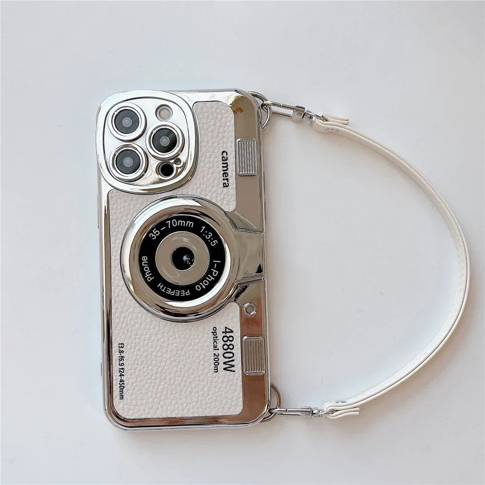 3D Retro Camera Graphic Phone Case PU Leather Strap For iPhone