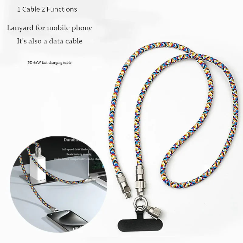 Mobile Phone Lanyard Charging Cable 2 in 1 Braided Anti-lost Rope PD60W Fast Charging