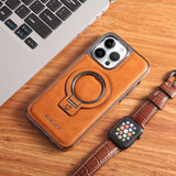 Leather Magnetic Ring Holder Stand Case For iPhone