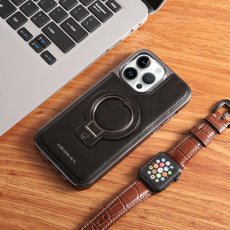 Leather Magnetic Ring Holder Stand Case For iPhone