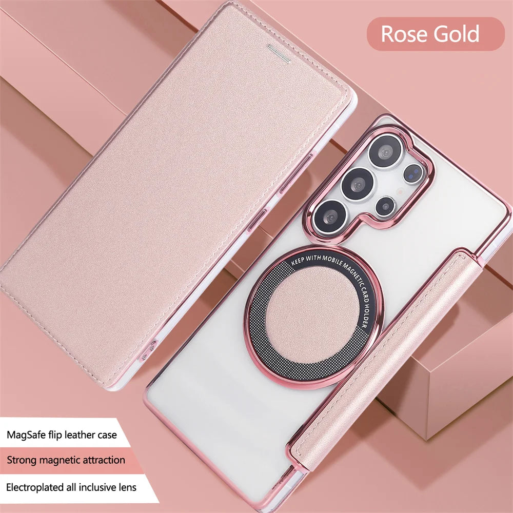 Flip Slot Card Leather Wallet Clear MagneticCase For Samsung