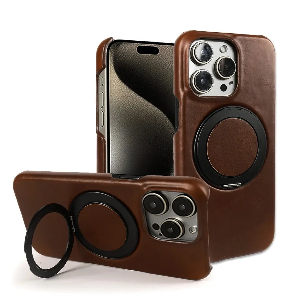 Genuine Leather Magnetic Ring Stand Bracket Case For iPhone