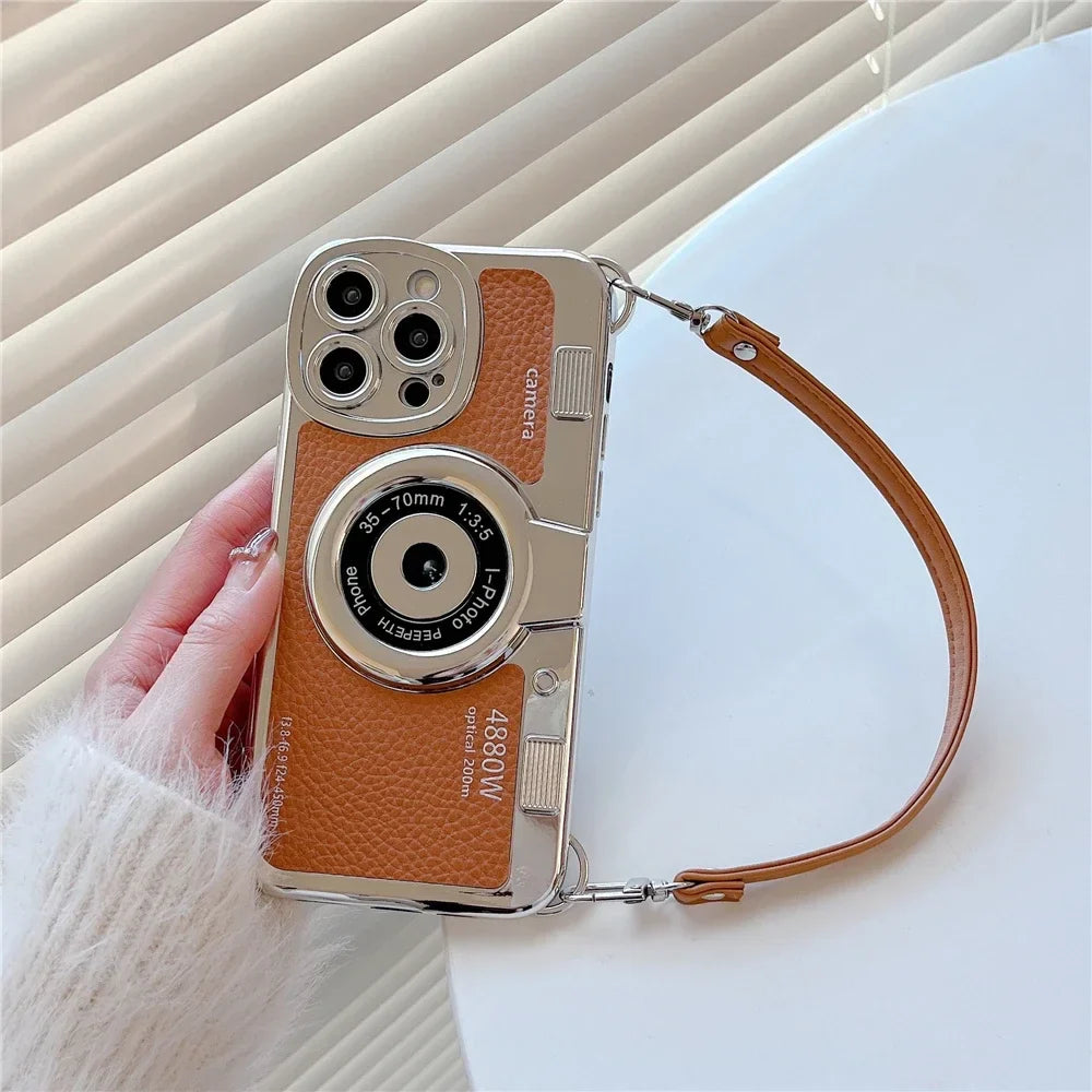 3D Retro Camera Graphic Phone Case PU Leather Strap For iPhone