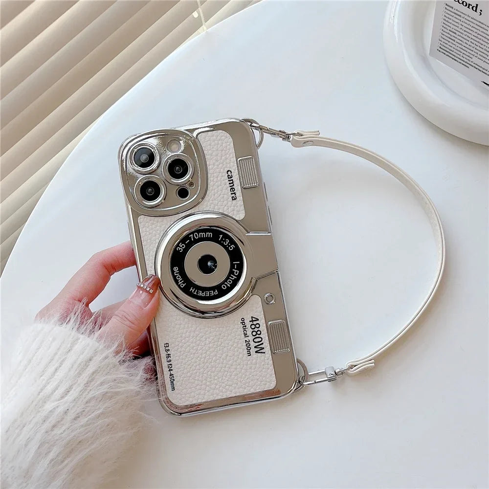 3D Retro Camera Graphic Phone Case PU Leather Strap For iPhone