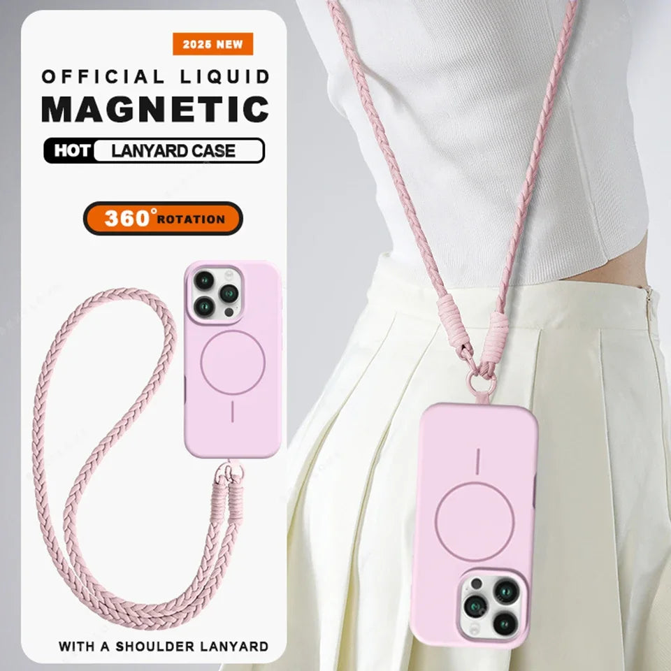 Long Crossbody Strap Magnetic Liquid Silicone Case For iPhone