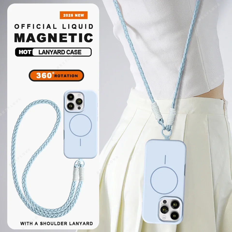 Long Crossbody Strap Magnetic Liquid Silicone Case For iPhone