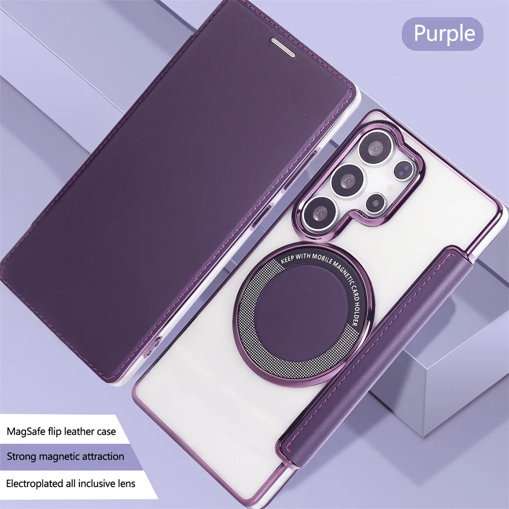 Flip Slot Card Leather Wallet Clear MagneticCase For Samsung