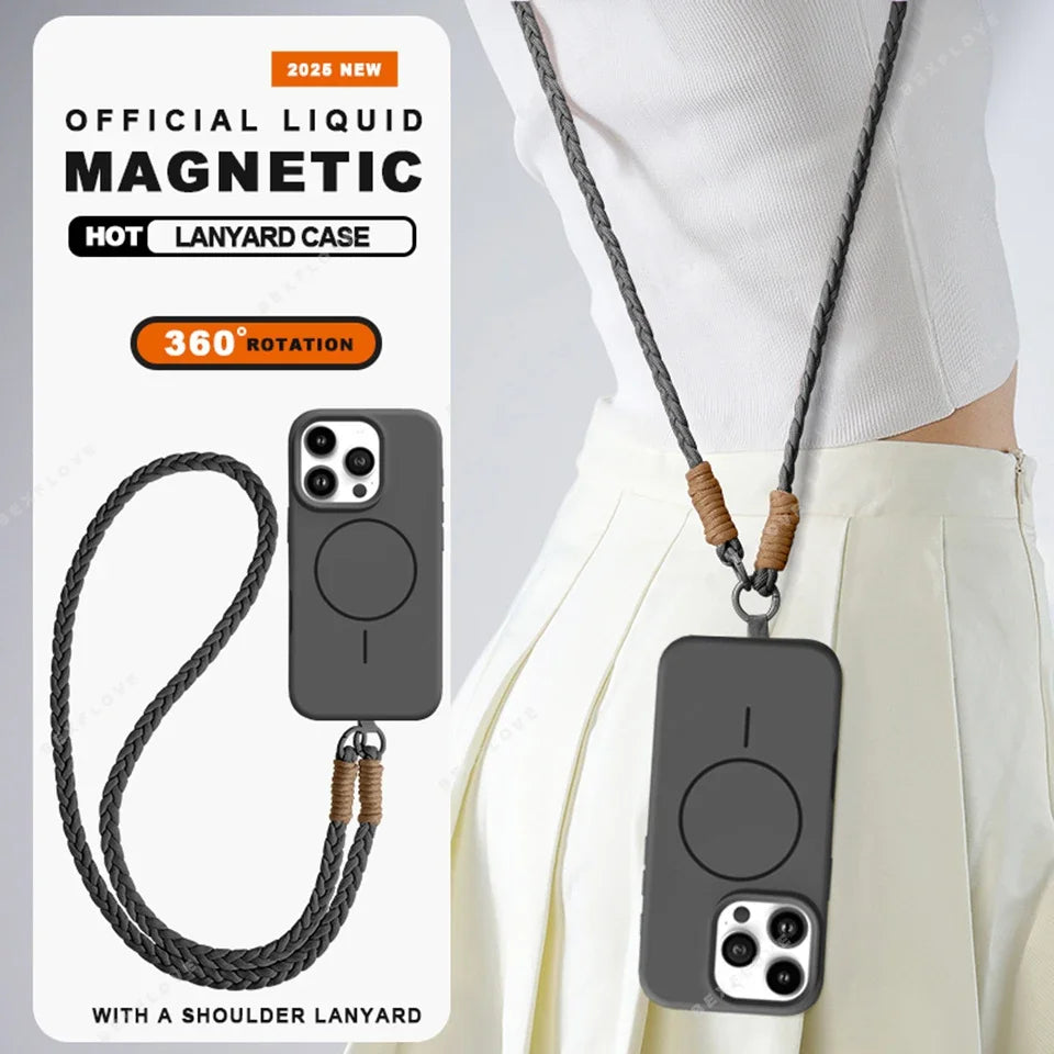 Long Crossbody Strap Magnetic Liquid Silicone Case For iPhone