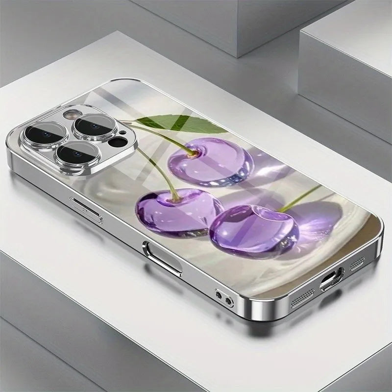 Purple Crystal Cherry Pattern Electroplated Glass Case For iPhone