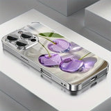 Purple Crystal Cherry Pattern Electroplated Glass Case For iPhone