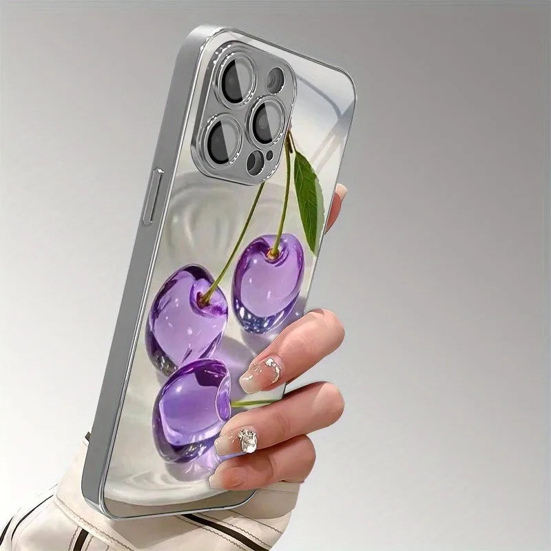 Purple Crystal Cherry Pattern Electroplated Glass Case For iPhone