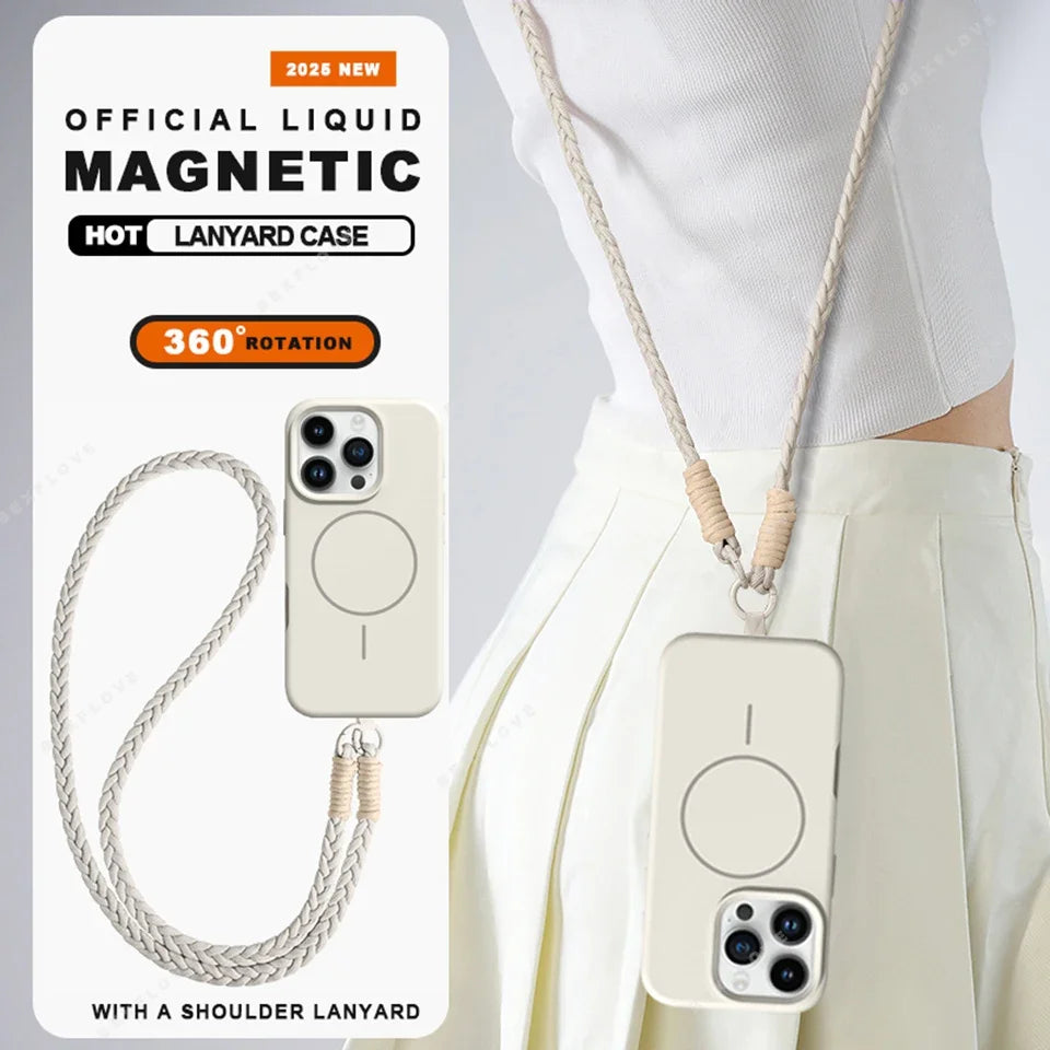 Long Crossbody Strap Magnetic Liquid Silicone Case For iPhone