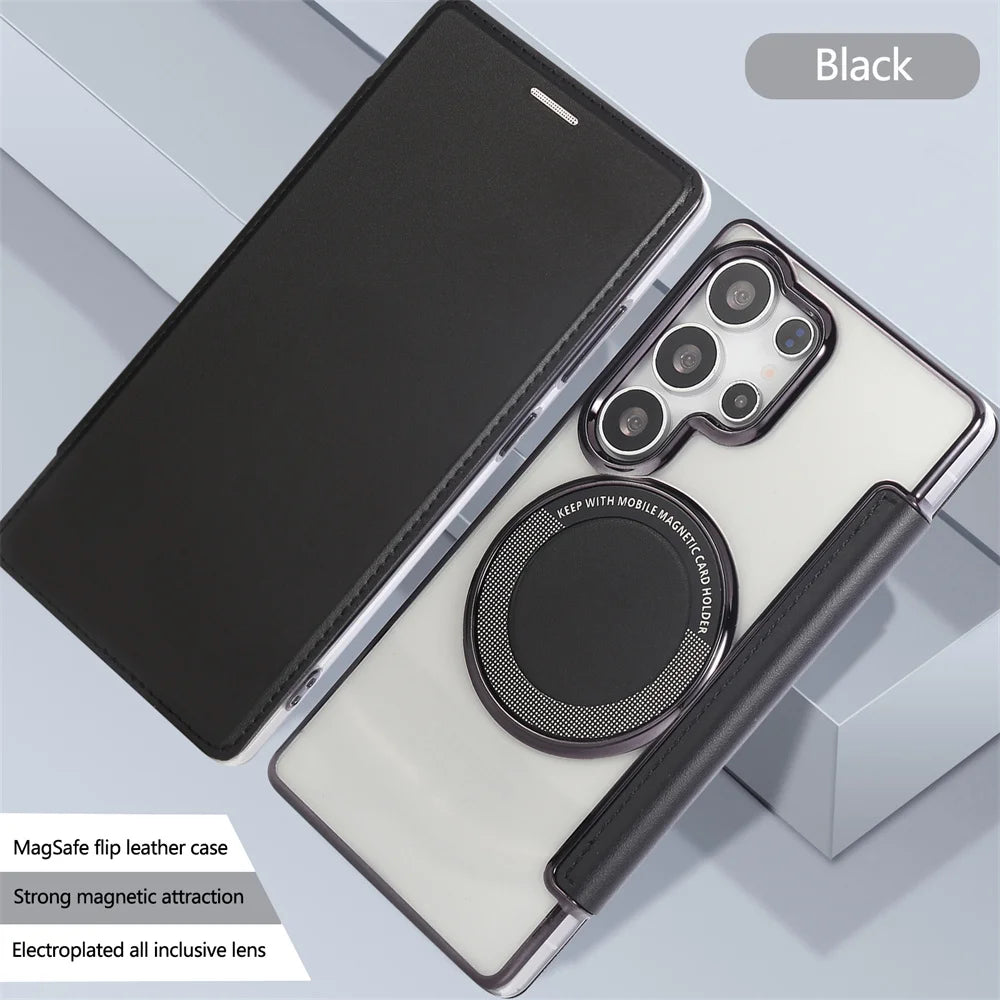 Flip Slot Card Leather Wallet Clear MagneticCase For Samsung